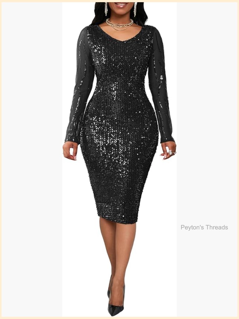 Sequins Bodycon V-Neck Midi Long Sleeve Prom Party Cocktail Dress